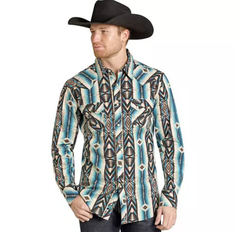 Teal, black, and beige Aztec print long sleeve p-earl snap shirt with double sawtooth chest pockets.
