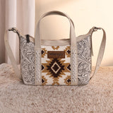 Front side of Wrangler Beige Tooled Aztec Print Crossbody Bag