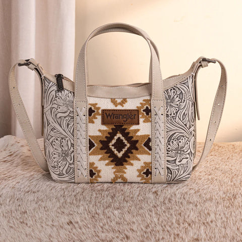 Front side of Wrangler Beige Tooled Aztec Print Crossbody Bag