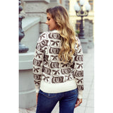 Brown Bow Horseshoe Print Checkered Plus Size Sweater Back View