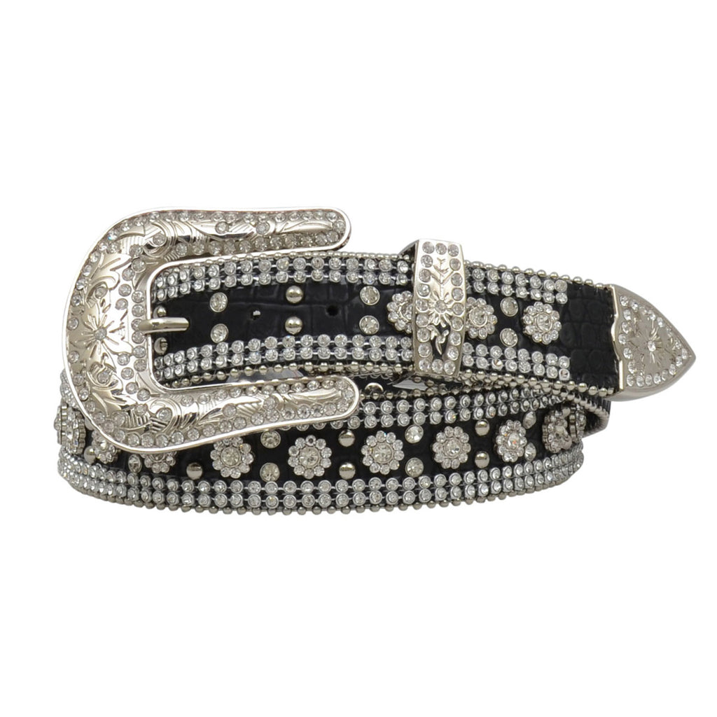Women's Black Gator Clear Crystal Flower Belt