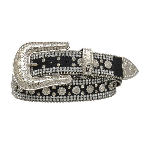 Women's Black Gator Clear Crystal Flower Belt