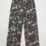 Flat lay of front of the pants, it has a zipper fly and cargo pockets on the sides. 