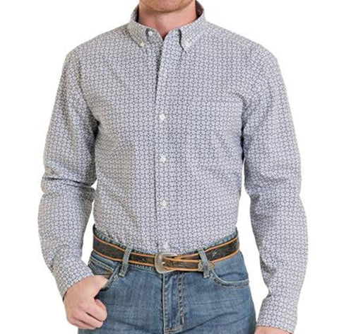 White long sleeve button down shirt with black square geometric print. 