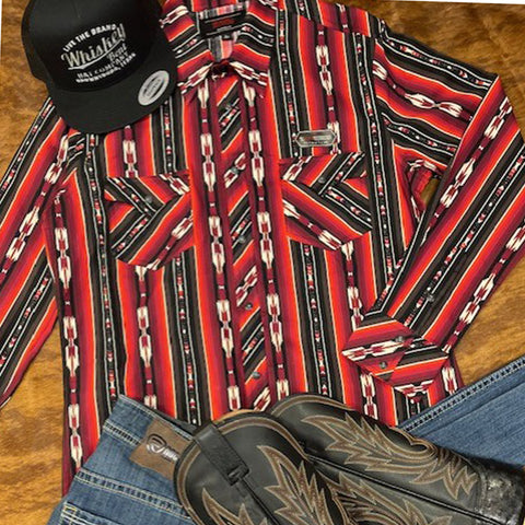 Red and black aztec striped pattern long sleeve snap shirt