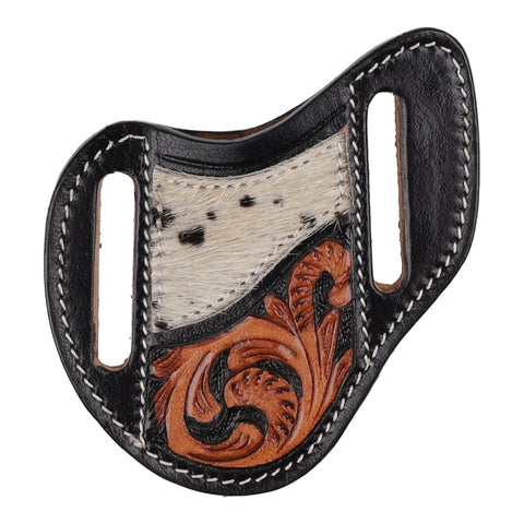 Showman Leatherleaf Knife Sheath in black leather with medium oiled leaf tooling and cowhide overlay accent