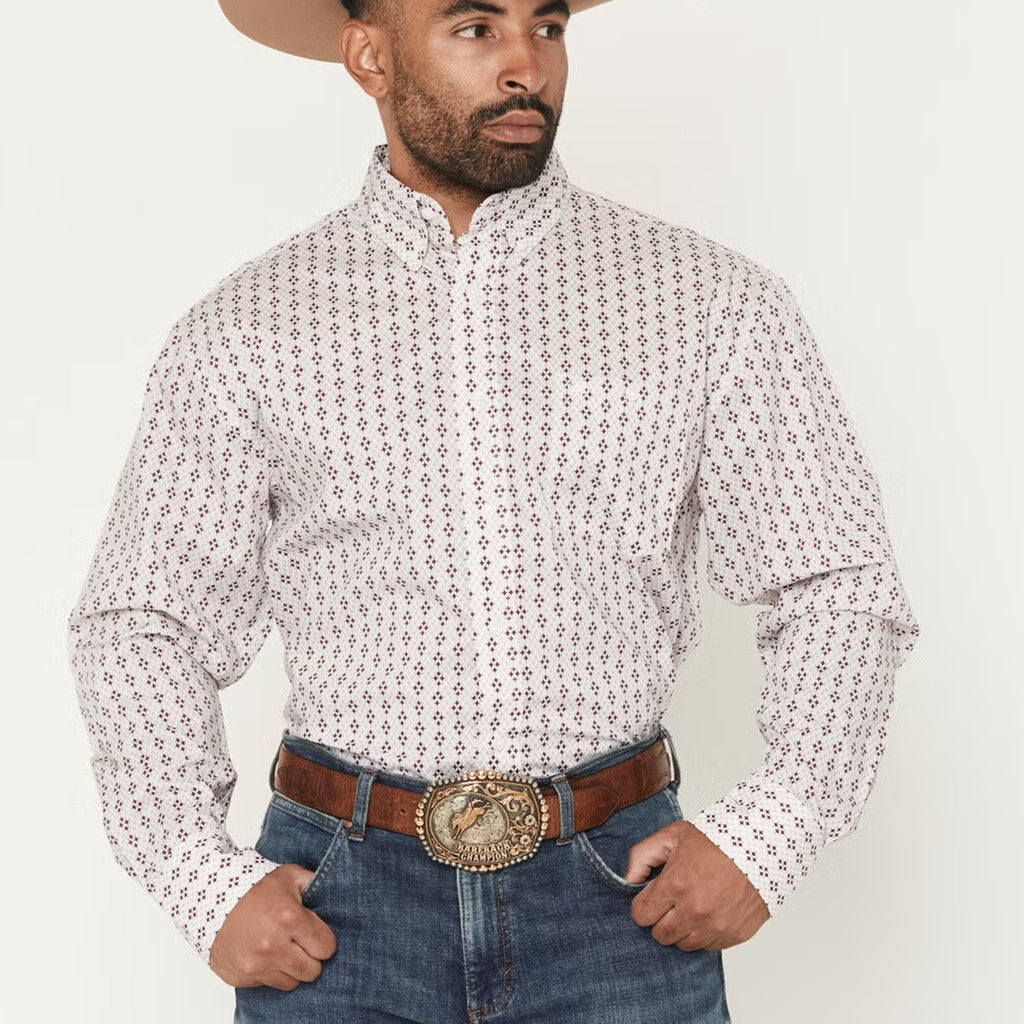 White long sleeve button down shirt with burgundy diamond print. 