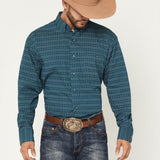 Dark teal long sleeve button down shirt with white diamond print. 