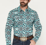 Jade and black Aztec print long sleeve shirt with double chest pockets. 