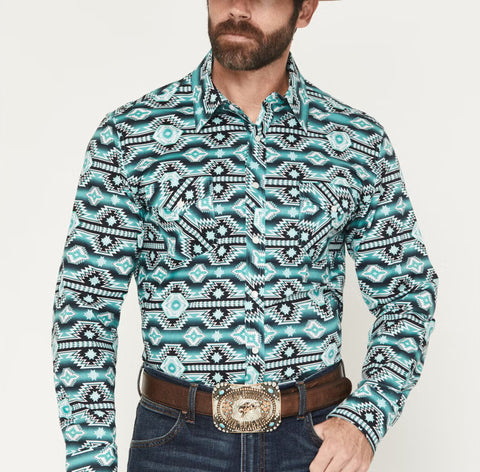 Jade and black Aztec print long sleeve shirt with double chest pockets. 