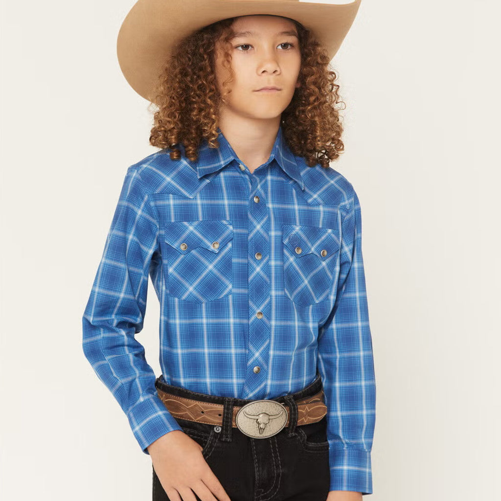 Boy's Blue and white plaid button down shirt with double chest snap flap pockets. 