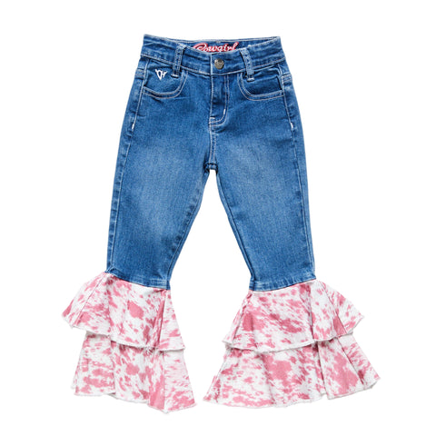 Girl’s Pink Cow Print Double Ruffle Jeans with tiered flare legs and Western-inspired design