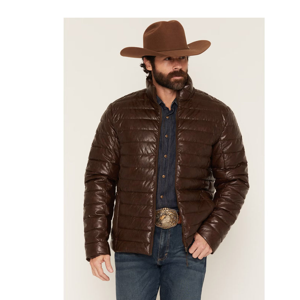 Panhandle Slim Men's Faux Leather Puffer Jacket-Brown