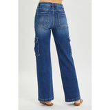 Risen Women's Dark Wash High Rise Wide Leg Cargo Jeans