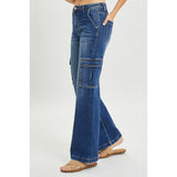 Risen Women's Dark Wash High Rise Wide Leg Cargo Jeans
