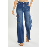 Risen Women's Dark Wash High Rise Wide Leg Cargo Jeans