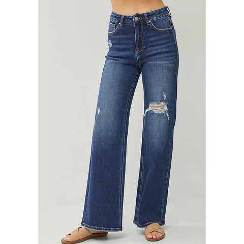 Risen High Rise Distressed Wide Leg Jeans 