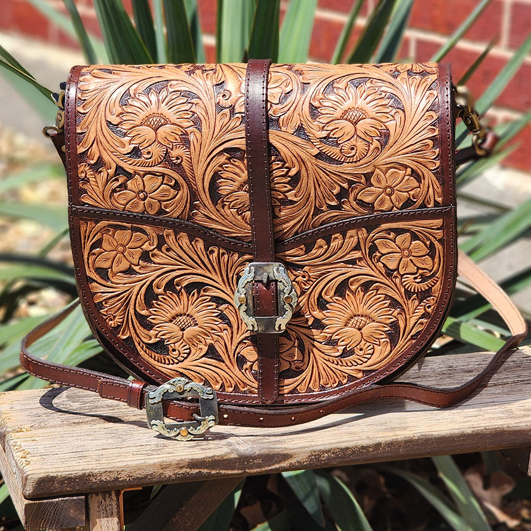 Hand Tooled Saddle Bag Leather Purse – Buck Stitch by Stephen Vaughn L