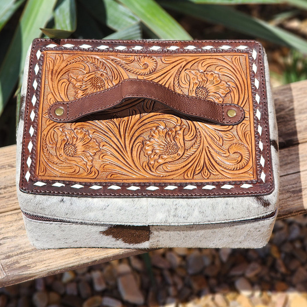 American Darling Cowhide & Tooled Leather Zip Up Jewelry Case