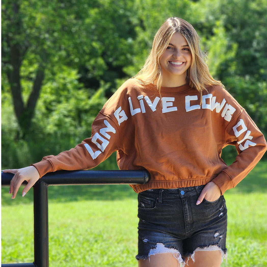 Wrangler Rust Long Live Cowboys Crop Sweatshirt – Western Edge, Ltd.