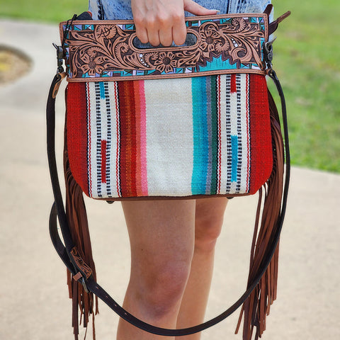 American Darling Saddle Blanket & Tooled Leather with Fringe Shoulder Bag Purse ADBGZ595B