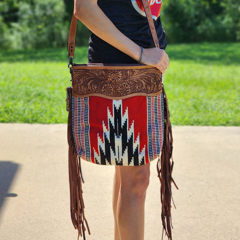 American Darling Brown White Hide and Fringe Purse