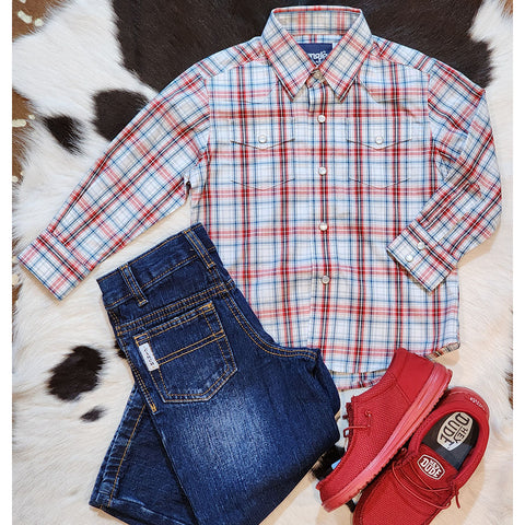 Wrangler Red/White/Blue Plaid Pearl Snap