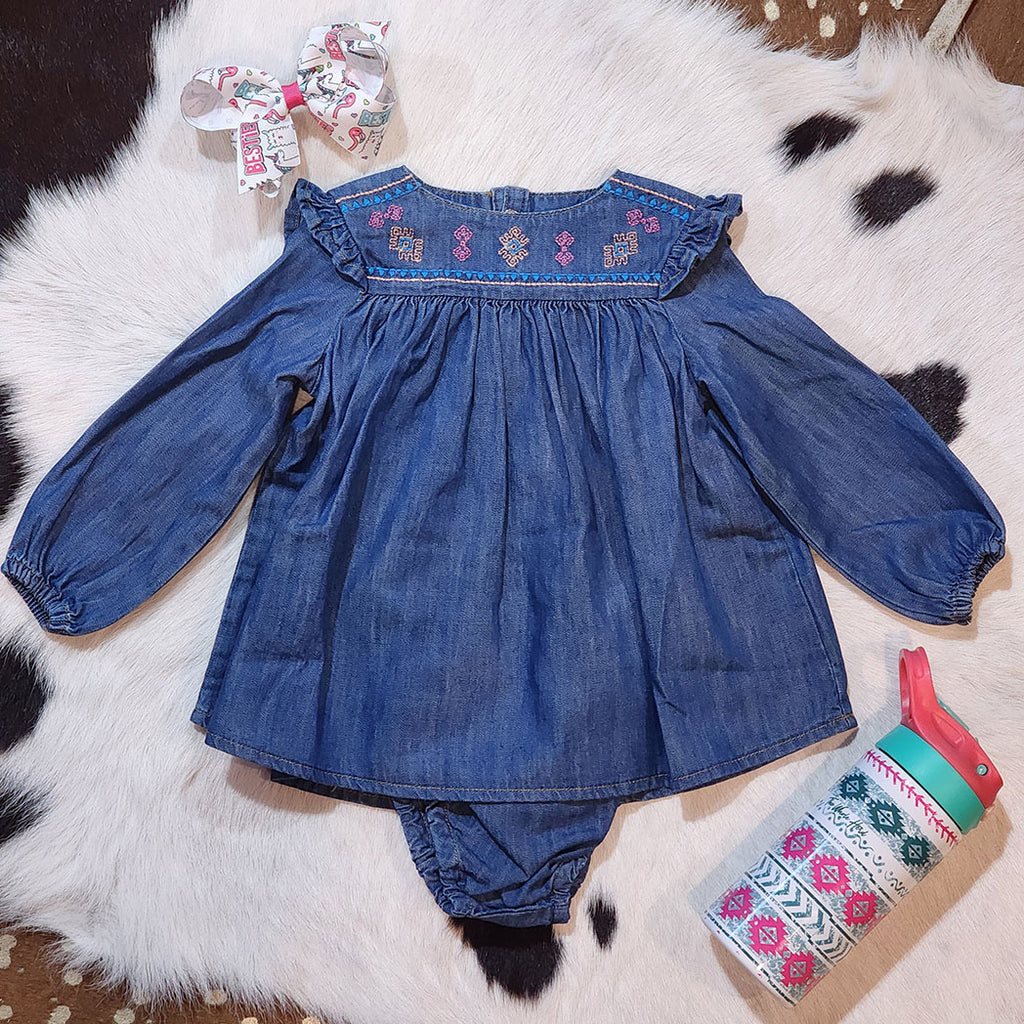denim dress for infant Shea Baby Girls Denim Ruffle Short Sleeve Dress Blue 3/6