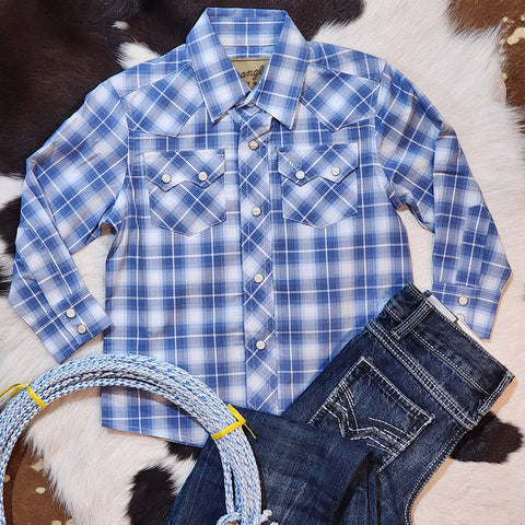 Wrangler Light Blue Plaid Pearl Snap L/S