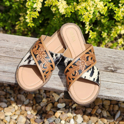 Myra Hide/Tooled Strap Sandals