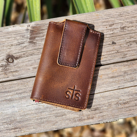 simple leather wallet that holds a few cards, has an ID holder and money clip