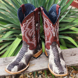 grey and white python skin boots with burgundy tops