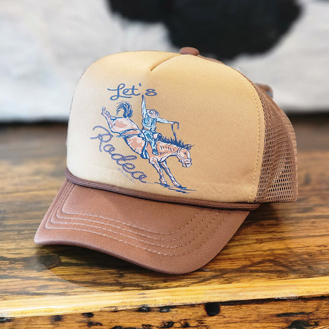 INFANT TODDLER CAP THQTA IS BROWN WITH BRONC RIDER AND BUCKING HORSE 