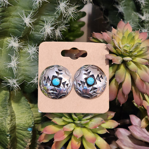 Silver post style earrings with Aztec design and 1 turquoise stone 