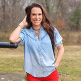 chambray blouse with puff sleeves and braided trim detail