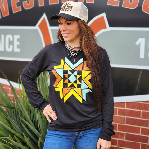 Black Long sleeve tee with blue yellow and orange quilt print on the front 