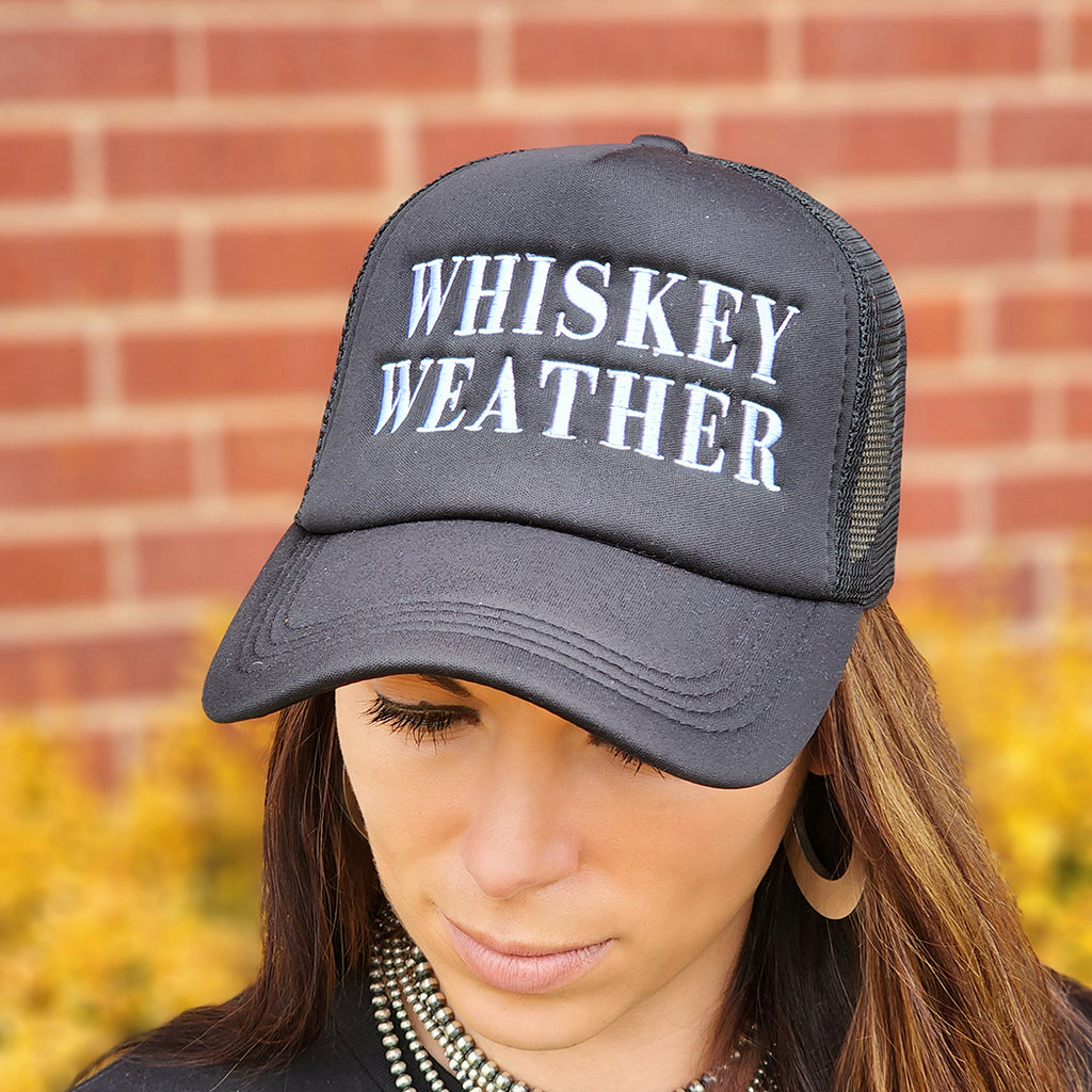 Black Trucker cap with Whiskey Weather in bold letters on the front