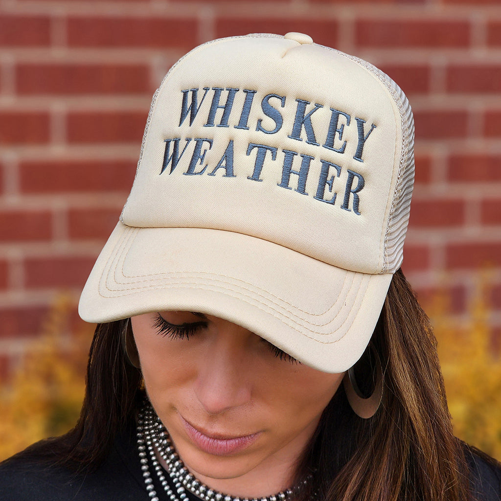 Tan Trucker cap with Whiskey Weather in bold lettering