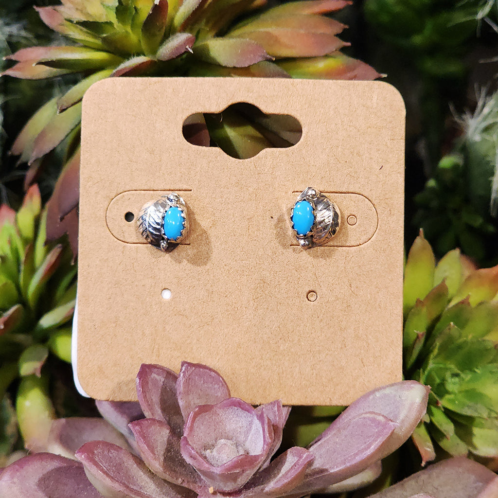 Stud Earrings with A Silver Leaf and Faux Turquoise Stone