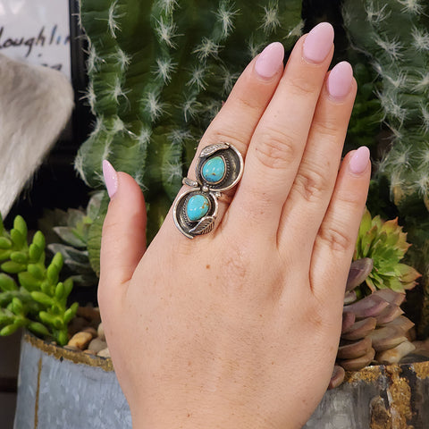 2 stone turquoise ring with silver leaves  size 8