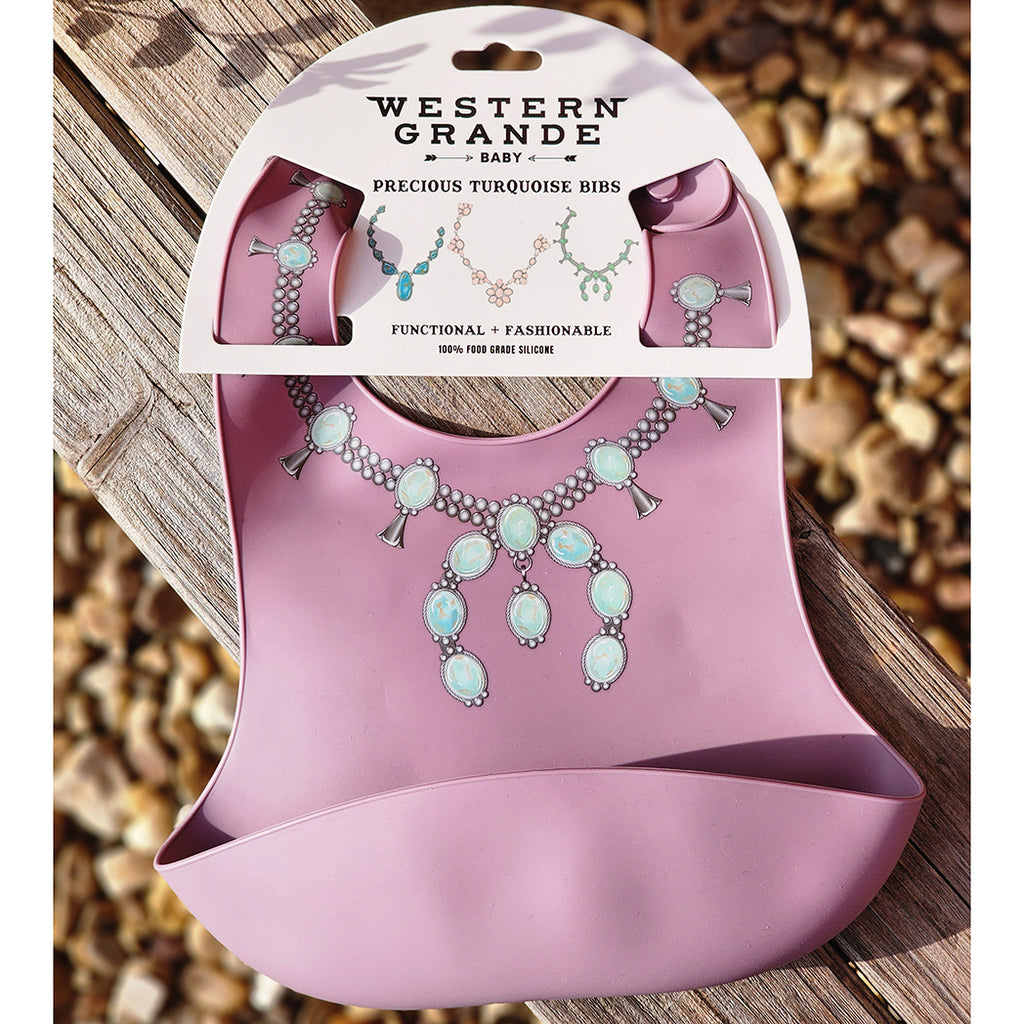 Purple Food Grade silicone bib with green squash Blossom Necklace