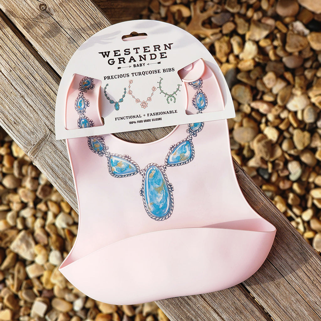 Pink Food Grade silicone bib with Turquoise Necklace Design