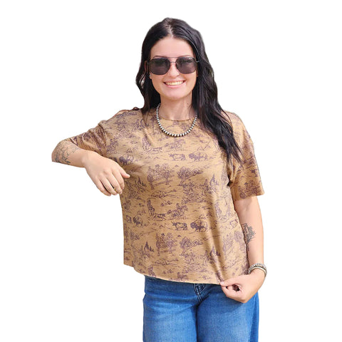 Tan cropped short sleeve shirt with western print.