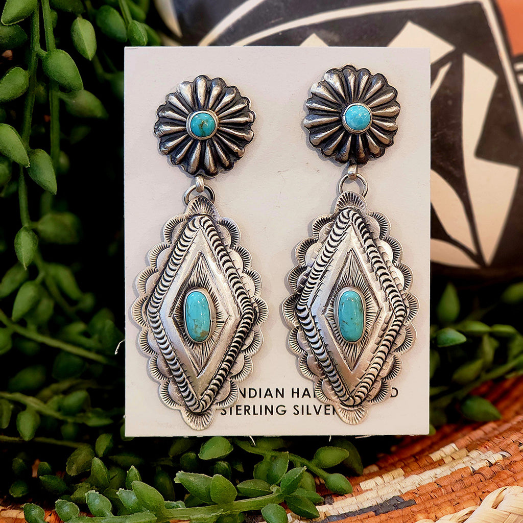 Pair of silver and turquoise earrings on a card with green foliage in the background