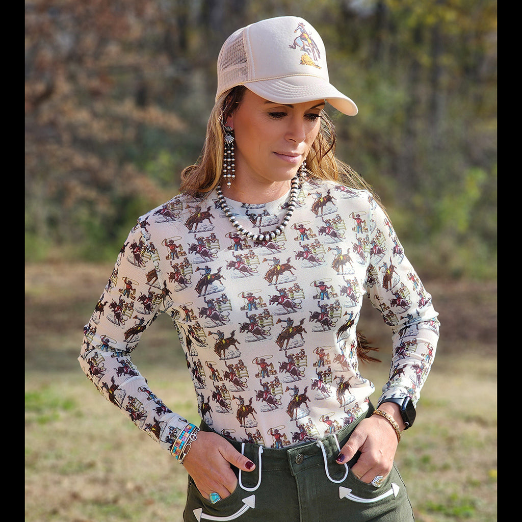 Women's Rodeo Print Sheer Long Sleeve Shirt