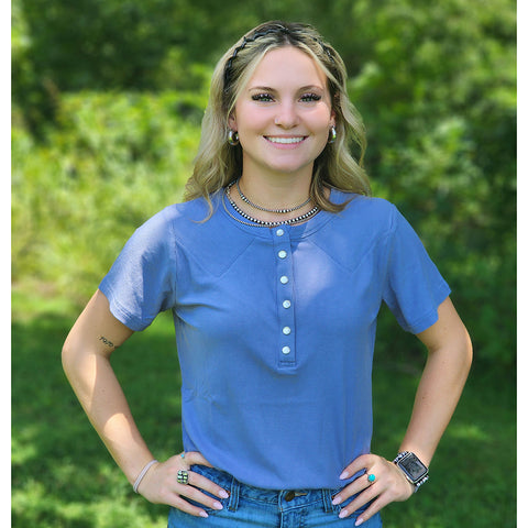 Ribbed Blue Pearl Snap Tee