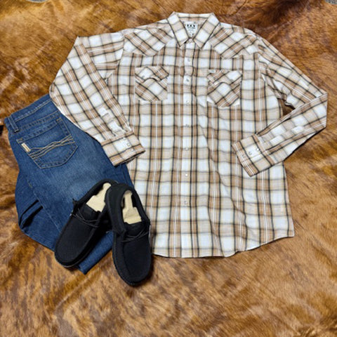 Khaki Texture Plaid Long Sleeve with Jeans and Shoes
