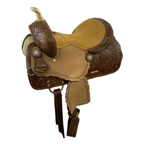 Medium Oil Youth Barrel style saddle set with suede seat.