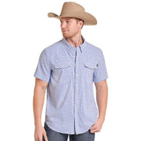 Model wearing a blue and white checkered short-sleeve Western shirt with snap buttons and dual chest pockets.