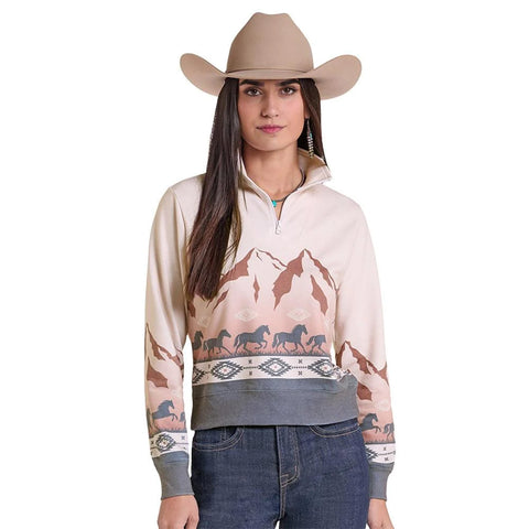 Model wearing a classic Western‑inspired pullover featuring a horse and border design.